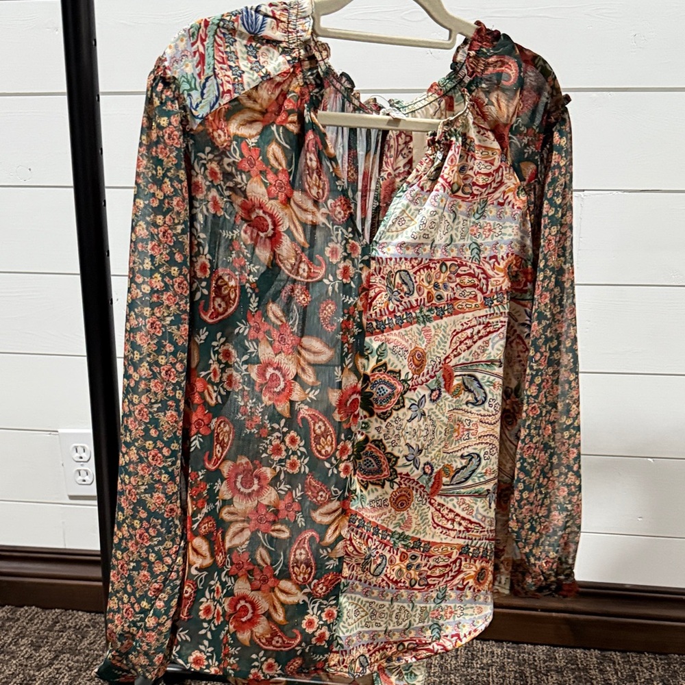 Umgee Floral Patchwork Peasant Blouse in Green, Red, Cream